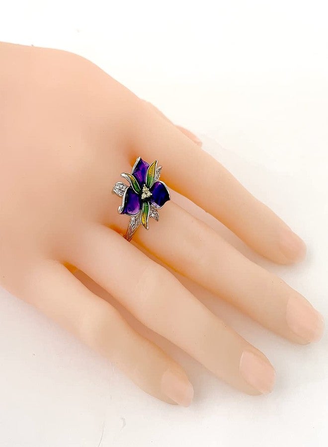 HAIXIAN Silver Blooming Purple Flower Enamel Ring,Thick Platinum Plated Colorfull Resin Floral Statement Ring,Cocktail Party Flower Ring Jewelry Gift for Women Her (Ring_A, 9) - Image 4